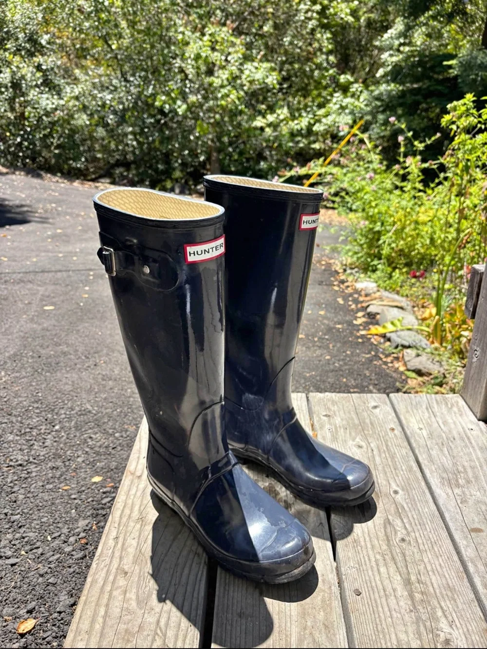Hunter Tall Gloss Navy Blue Women's Rain Boots with Side Buckle
